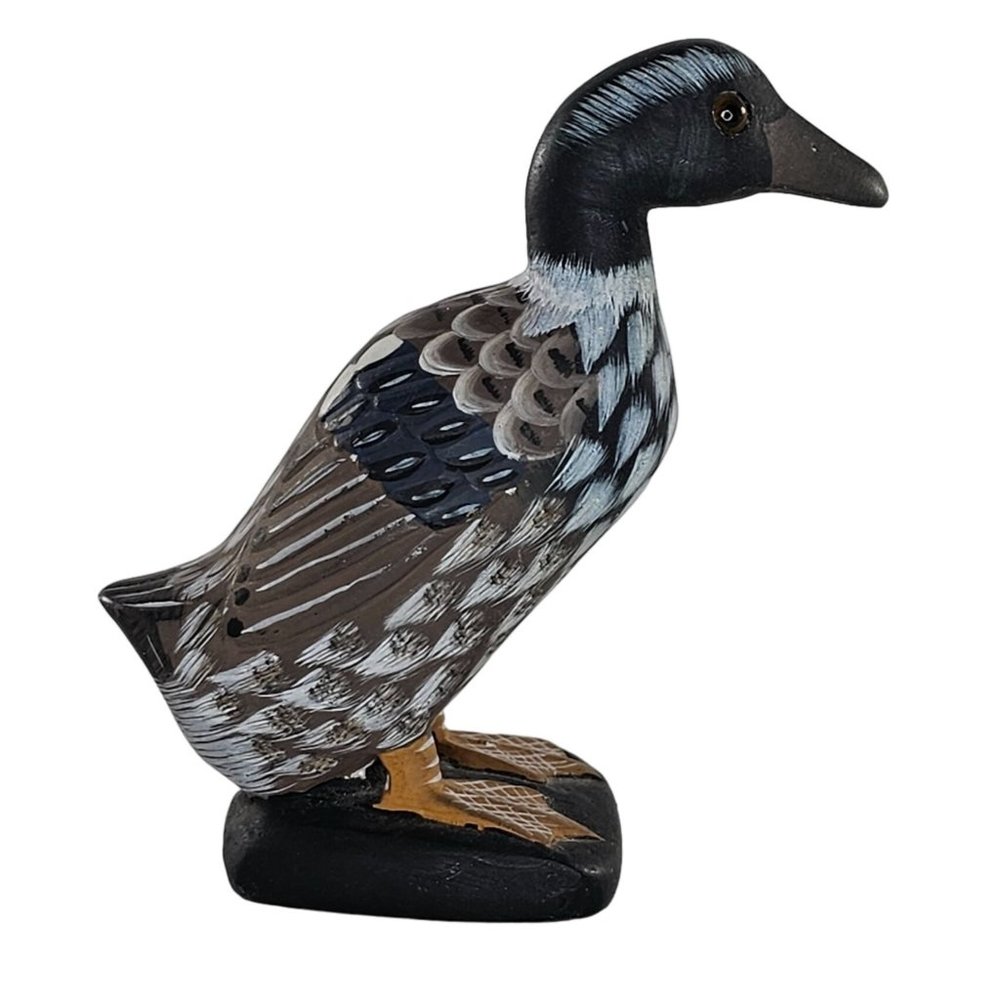 Vintage Carved Stone Duck Hand Painted Figurine Bird Glass Eyes 4"